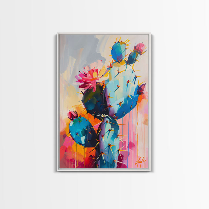Flowering Cactus Framed Canvas Print - Desert Plant Wall Art, Living Room Decor, Modern Artwork, Unique Succulent Art for Bedroom and Office