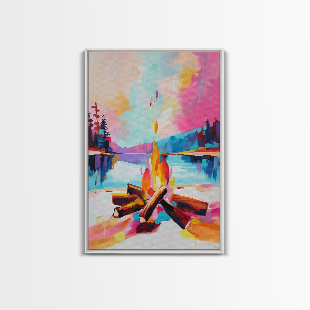 Campfire by the Lake Framed Canvas Print - Colorful Nature Wall Art, Living Room Decor, Modern Artwork, Unique Fire Art for Bedroom Office