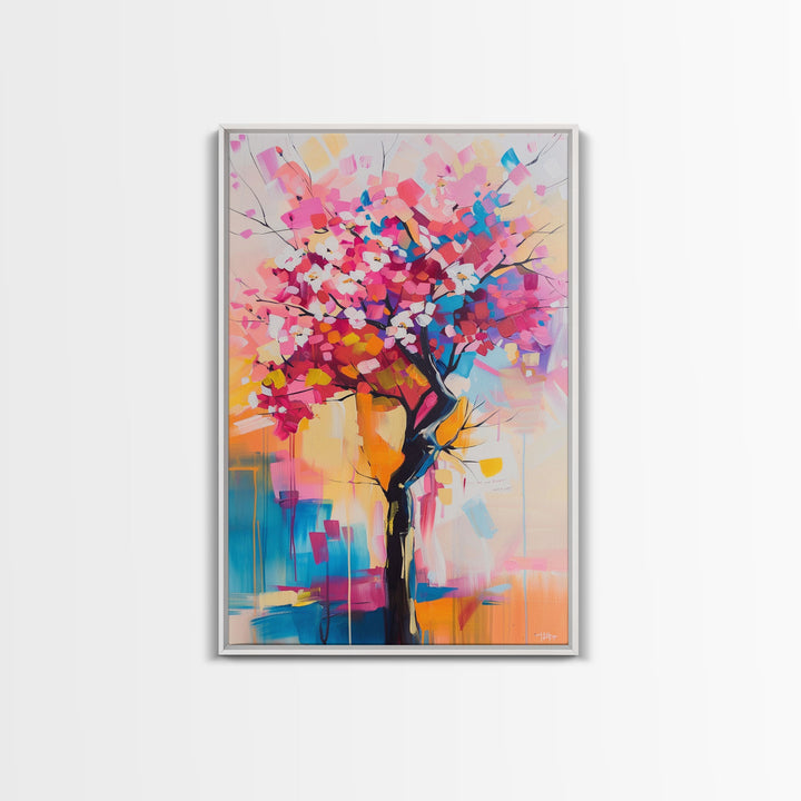 Colorful Blossom Tree Framed Canvas Print - Nature Wall Art, Living Room Decor, Modern Artwork, Unique Floral Art for Bedroom and Office