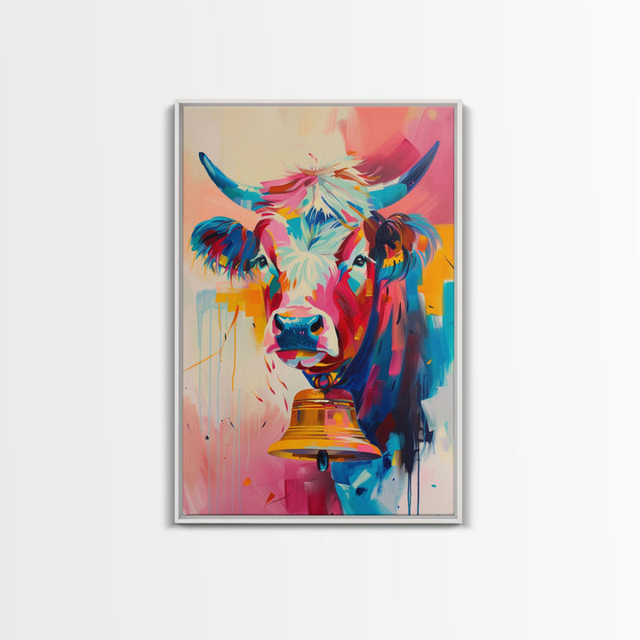 Expressive Cow Art in Bold Hues - Framed Canvas Print, Colorful Animal Decor, Modern Farmhouse Wall Art for Living Room or Bedroom