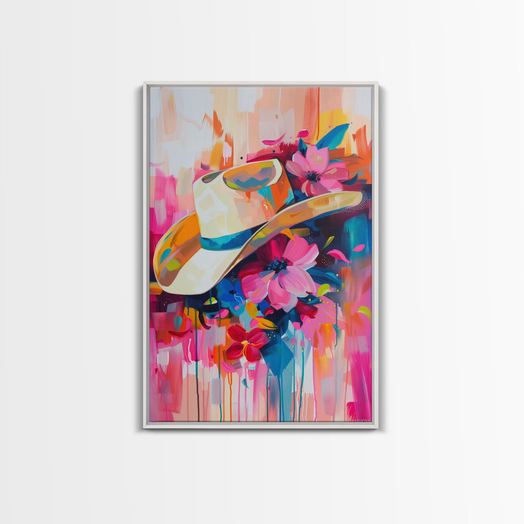 Cowboy Hat with Flowers in Bold Colors - Framed Canvas Print, Vibrant Western Decor, Colorful Hat Wall Art for Living Room or Bedroom