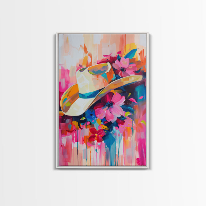 Cowboy Hat with Flowers in Bold Colors - Framed Canvas Print, Vibrant Western Decor, Colorful Hat Wall Art for Living Room or Bedroom
