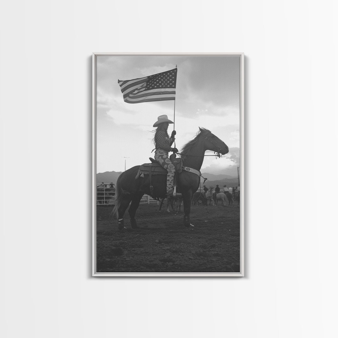 Cowgirl Riding with Flag Art Print, Western Rodeo Framed Canvas, Vintage Black and White Photography, Unique Home Decor