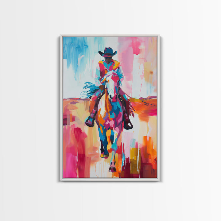 Colorful Cowboy on Horseback Art - Framed Canvas Print, Western Decor, Dynamic Living Room Wall Art, Horse Rider Artwork