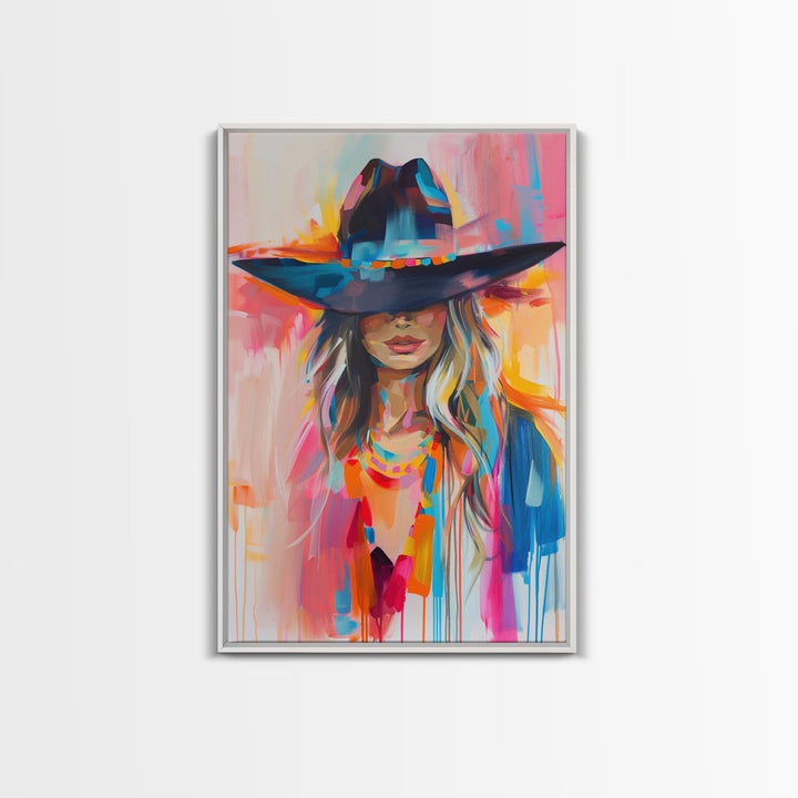 Modern Cowgirl in Hat Art - Framed Canvas Print, Stylish Bedroom Wall Art, Vibrant Living Room Decor, Contemporary Cowgirl Portrait