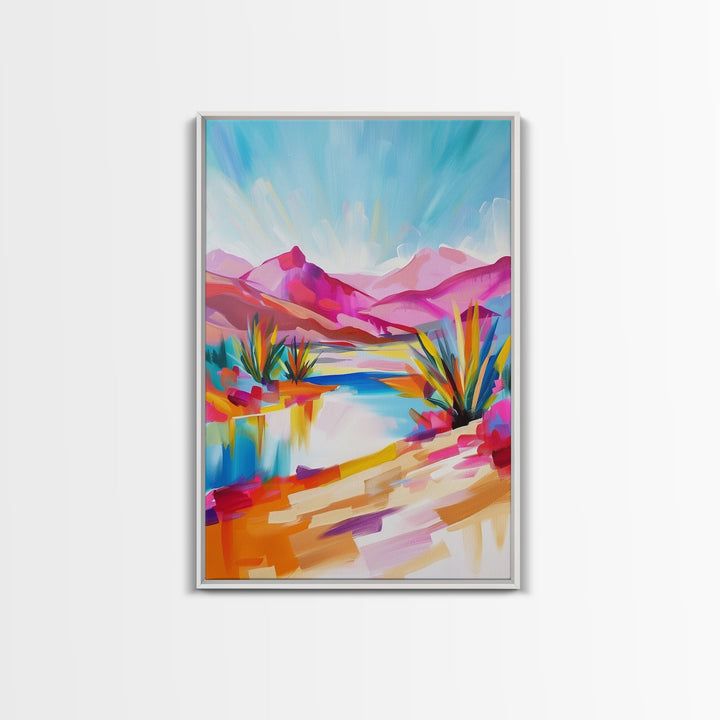 Bright Southwestern Landscape Art - Framed Canvas Print, Desert Decor, Vibrant Living Room Wall Art, Colorful Nature Scene