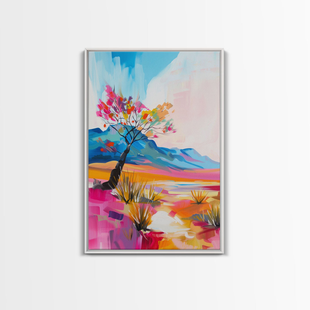 Bright Desert Tree Art - Framed Canvas Print, Southwestern Decor, Colorful Living Room Wall Art, Modern Desert Landscape