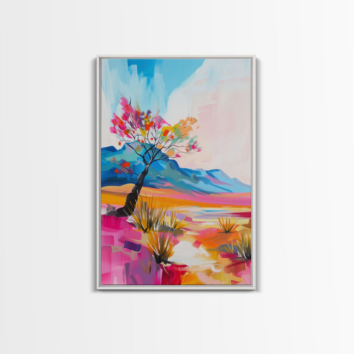 Bright Desert Tree Art - Framed Canvas Print, Southwestern Decor, Colorful Living Room Wall Art, Modern Desert Landscape