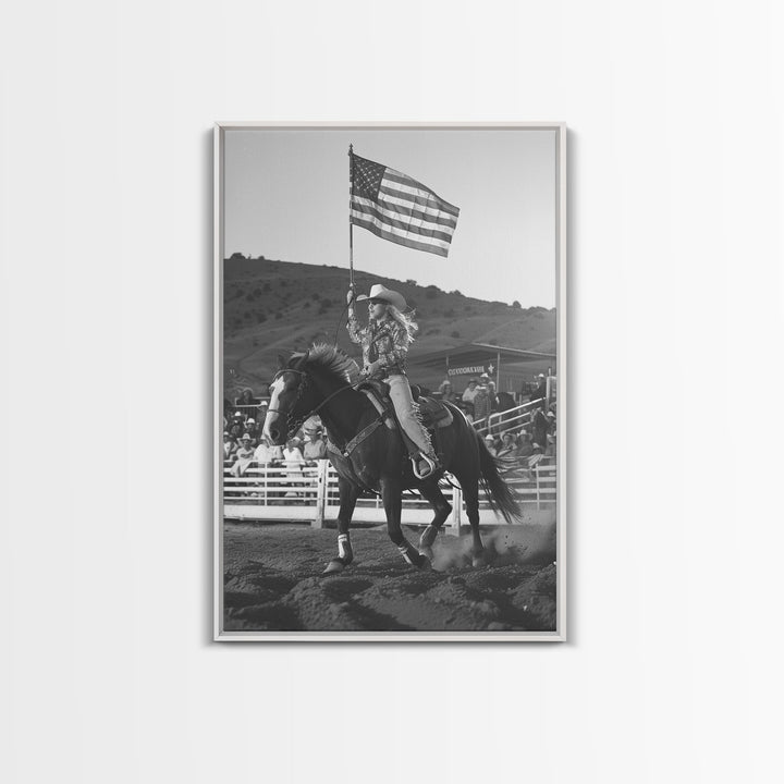 Cowgirl Flag Bearer Art Print, Western Rodeo Framed Canvas, Vintage Black and White Photography, Unique Wall Decor