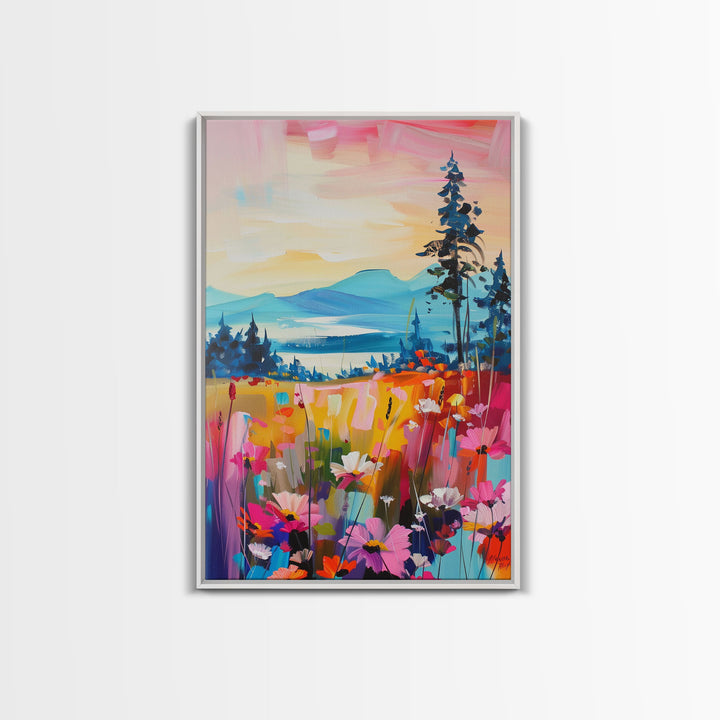 Serene Landscape with Wildflowers Framed Canvas Print - Pastel Sunset Wall Art, Tranquil Living Room Decor, Nature-Inspired Bedroom Art