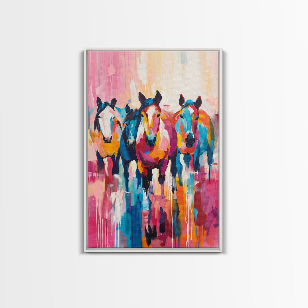 Colorful Horses Running Framed Canvas Print - Vibrant Horse Wall Art, Energetic Living Room Decor, Dynamic Bedroom Art, Equestrian Art