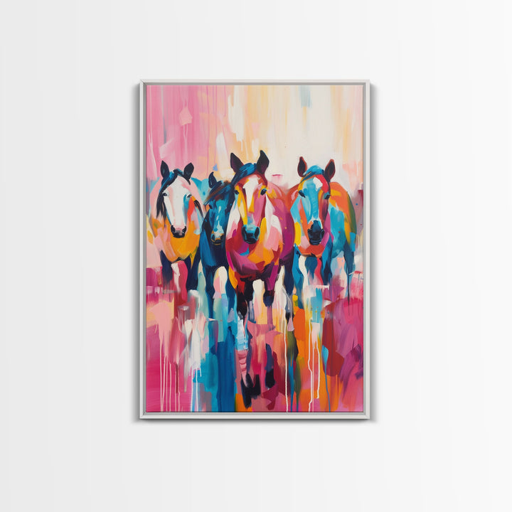 Colorful Horses Running Framed Canvas Print - Vibrant Horse Wall Art, Energetic Living Room Decor, Dynamic Bedroom Art, Equestrian Art