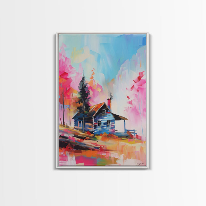 Cozy Cabin in Colorful Forest Framed Canvas Print - Charming Cottage Wall Art, Cozy Living Room Decor, Warm Bedroom Art, Rustic Home Decor