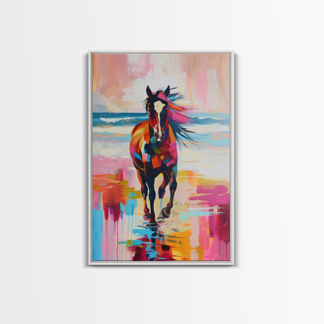 Horse on Beach in Bold Colors Framed Canvas Print - Beach Horse Wall Art, Colorful Living Room Decor, Bedroom Art, Coastal Equestrian Art