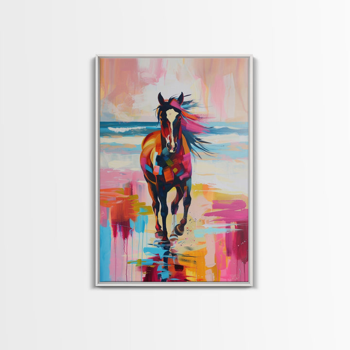 Horse on Beach in Bold Colors Framed Canvas Print - Beach Horse Wall Art, Colorful Living Room Decor, Bedroom Art, Coastal Equestrian Art