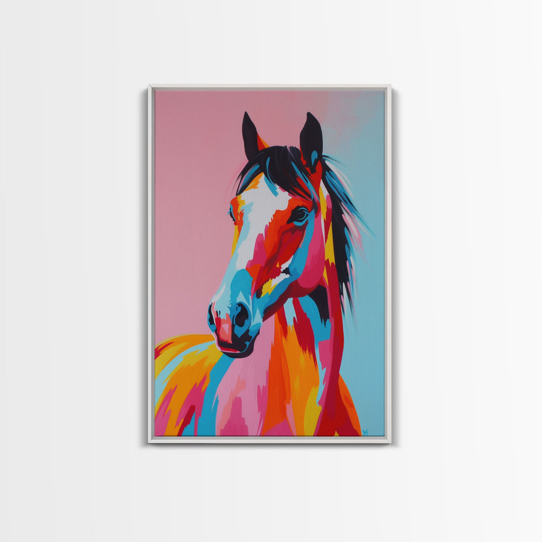 Colorful Horse Portrait - Framed Canvas Print, Bold Wall Art, Living Room Decor, Modern Horse Artwork, Vibrant Animal Art, Bedroom Decor