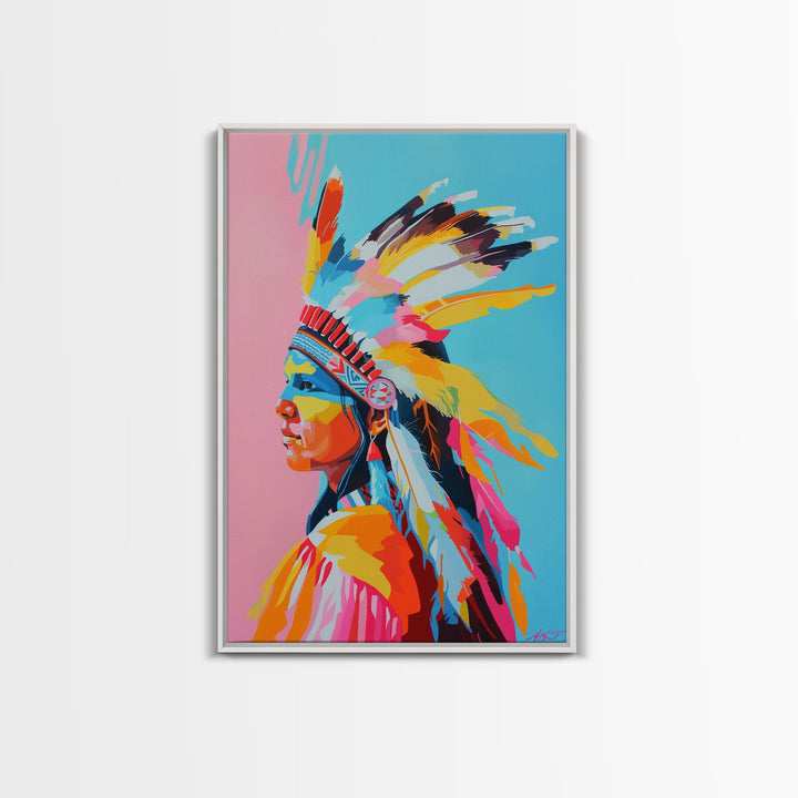 Colorful Native American Woman Framed Canvas Print - Stunning Wall Art, Bedroom Decor, Vibrant Tribal Artwork for Living Room