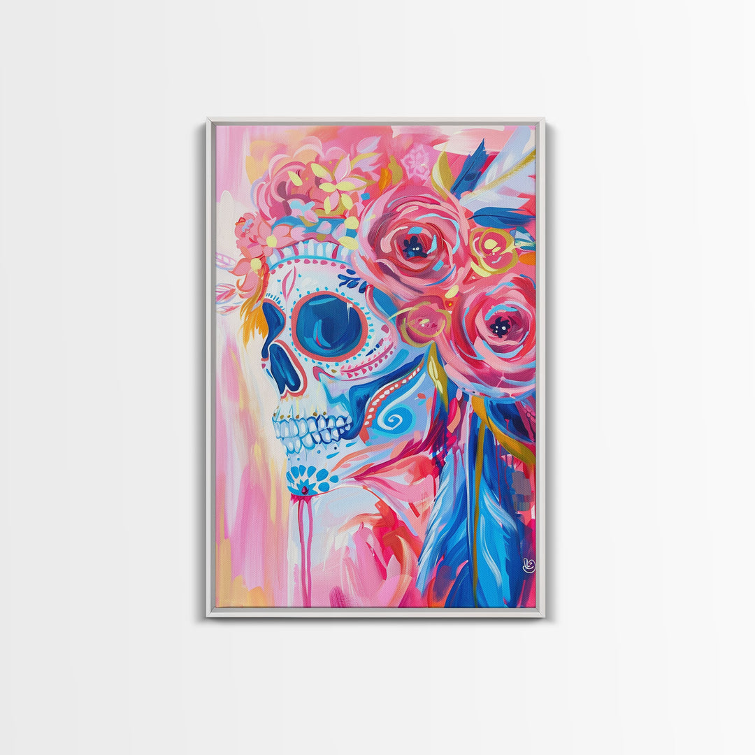 Floral Sugar Skull Framed Canvas Print - Day of the Dead Art, Colorful Wall Art, Living Room Decor, Mexican Folk Art for Bedroom