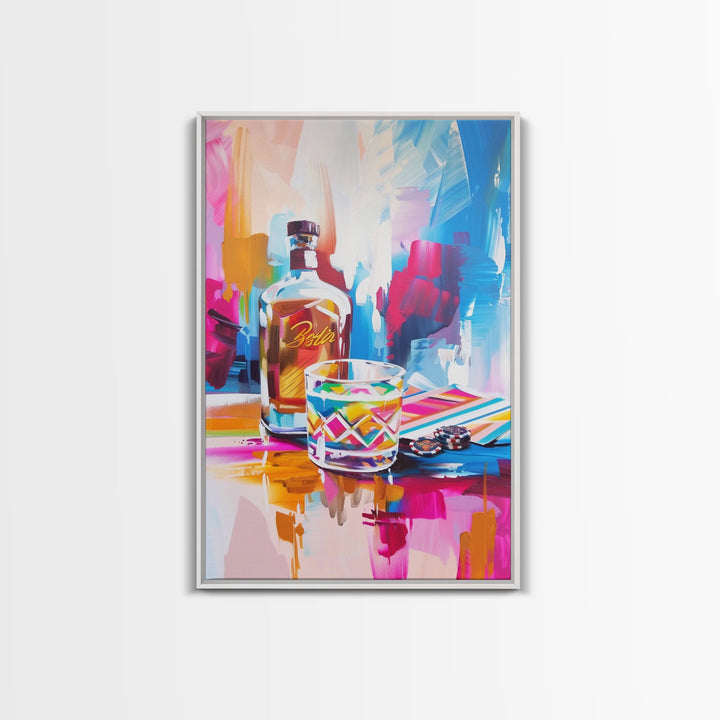 Colorful Whiskey Bottle and Glass Framed Canvas Print - Modern Bar Art, Living Room Decor, Vibrant Wall Art for Home Decoration