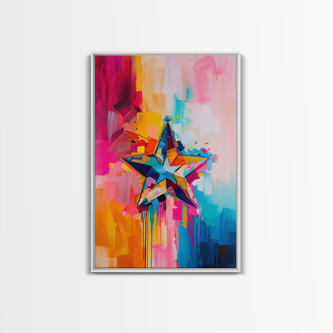 Colorful Abstract Star Wall Art - Framed Canvas Print, Modern Living Room Decor, Vibrant Star Artwork, Bedroom Wall Art