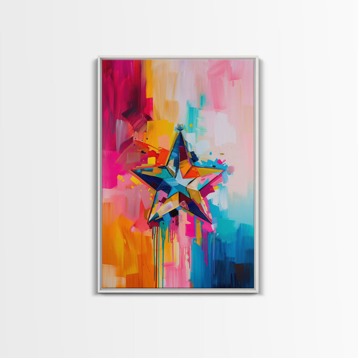 Colorful Abstract Star Wall Art - Framed Canvas Print, Modern Living Room Decor, Vibrant Star Artwork, Bedroom Wall Art