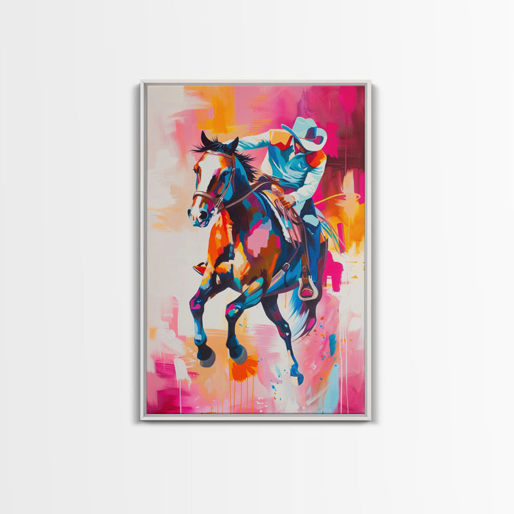 Colorful Cowboy Riding Horse Art - Framed Canvas Print, Vibrant Western Decor, Unique Living Room Wall Art, Home Decor