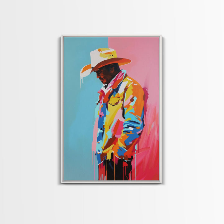 Colorful Pensive Cowboy Art - Framed Canvas Print, Vibrant Living Room Decor, Unique Wall Art, Modern Home Decor