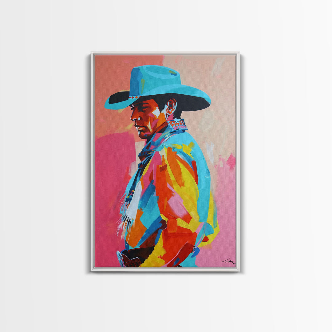 Profile of Stylish Cowboy in Hat - Framed Canvas Print, Colorful Western Art, Bold Cowboy Wall Art for Living Room