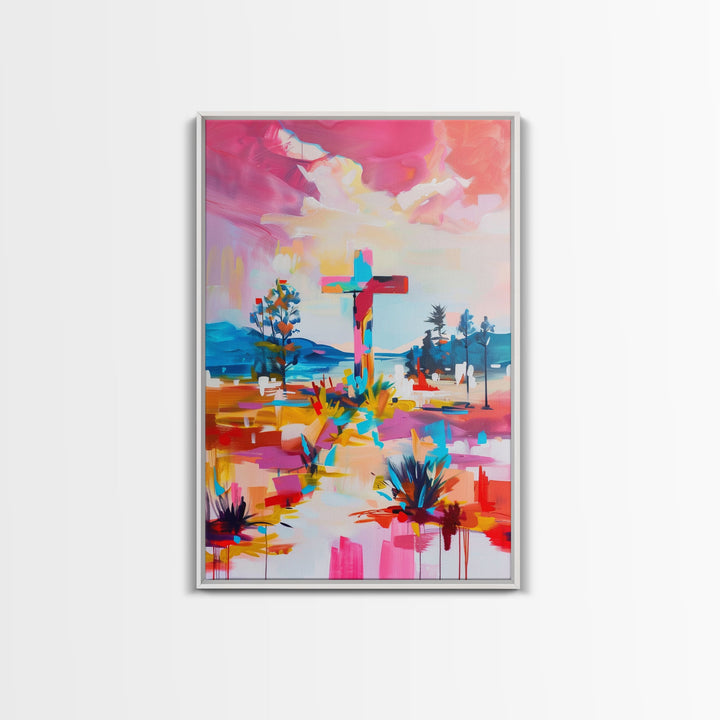 Cross on Vibrant Landscape - Framed Canvas Print, Colorful Western Art, Inspirational Wall Art for Living Room Decor