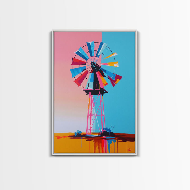 Bright Windmill Abstract Art - Framed Canvas Print, Whimsical Windmill Decor, Colorful Farmhouse Wall Art, Unique Living Room Decor