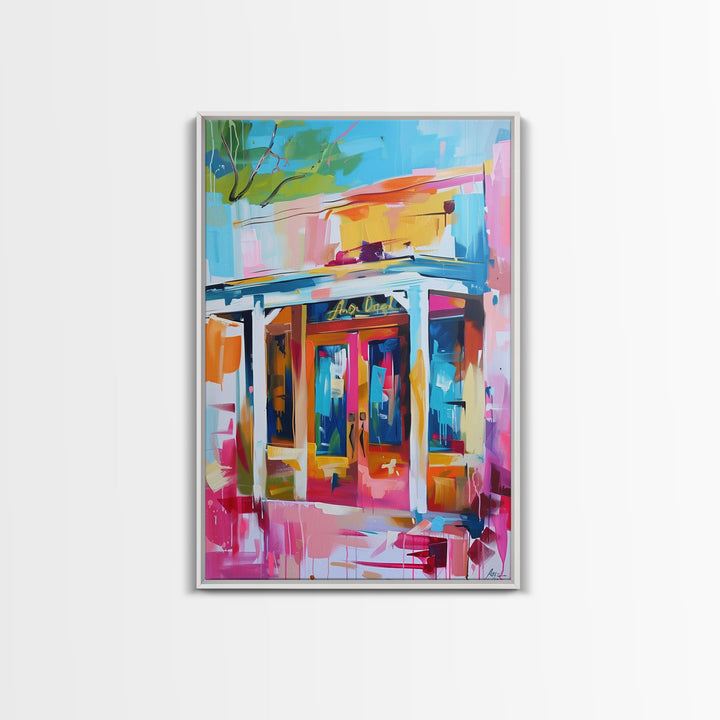 Colorful Abstract Storefront - Framed Canvas Print, Urban Landscape Art, City Vibes Decor for Home or Office