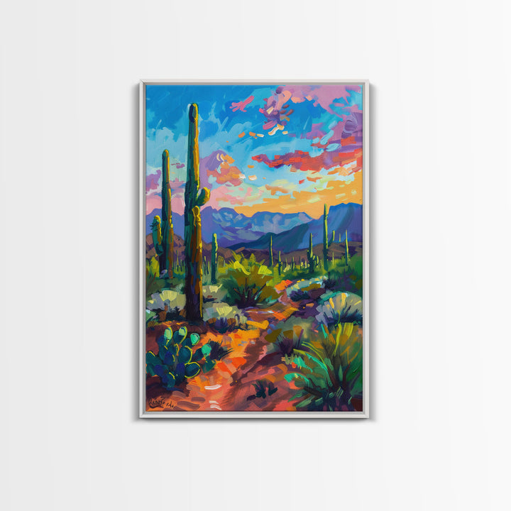 Framed Canvas Print, Cactus and Desert Path Wall Art, Vibrant Southwest Landscape for Living Room or Bedroom, Nature Art Poster Piece