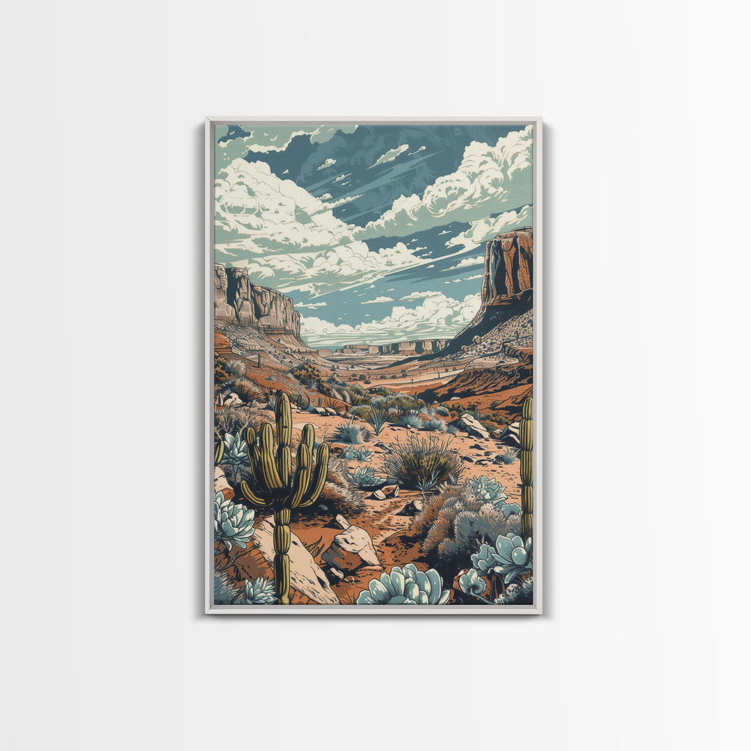 Vintage Western Desert Landscape Art Print, Retro Cactus Framed Canvas, Scenic Southwest Artwork, Unique Desert Wall Decor