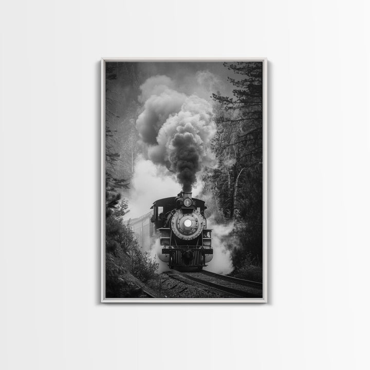 Steam Locomotive in the Forest Black and White Photography - Framed Canvas Print, Railroad Art, Vintage Train Wall Art for Home
