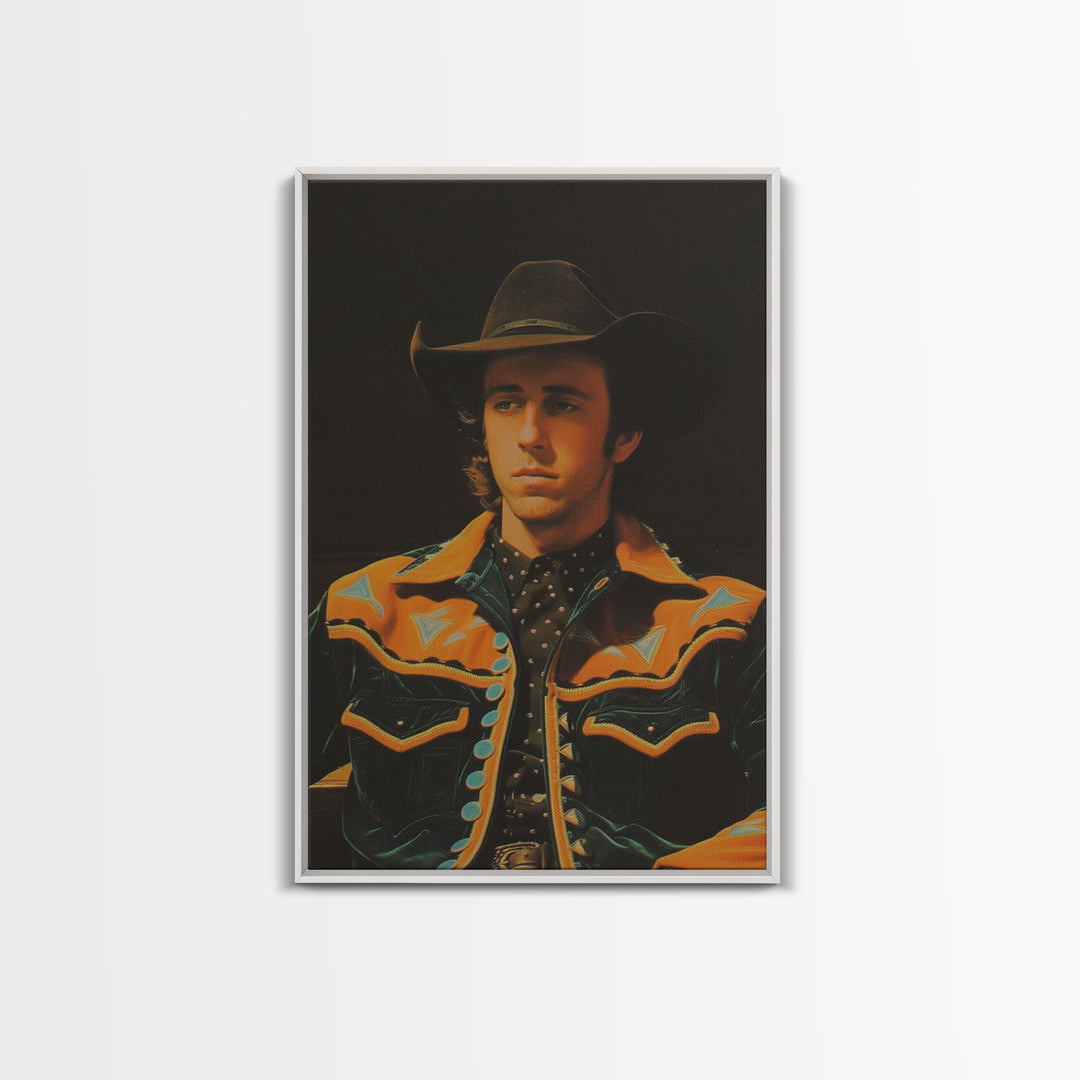 Retro Cowboy Portrait Print - Framed Canvas Wall Art, Rustic Western Decor, Vintage Cowboy Artwork for Living Room, Historical Portrait