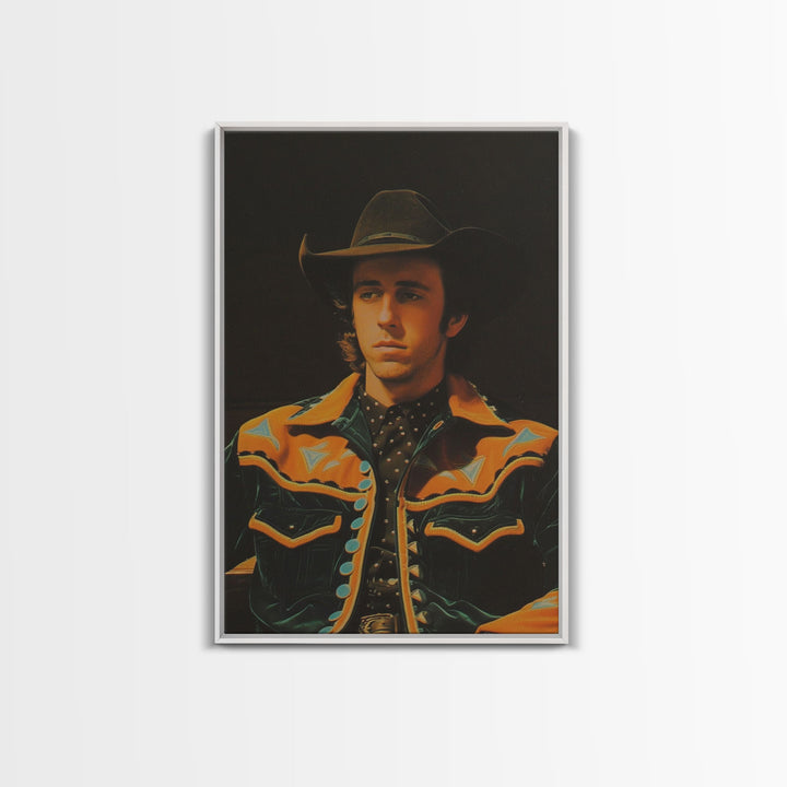 Retro Cowboy Portrait Print - Framed Canvas Wall Art, Rustic Western Decor, Vintage Cowboy Artwork for Living Room, Historical Portrait