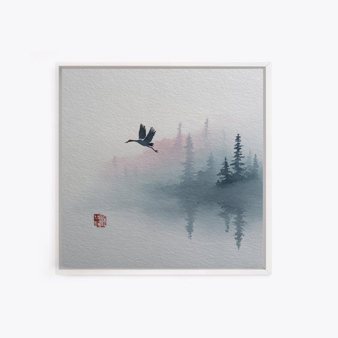 Monochrome Ink Crane Composition Framed Canvas Print, Wall Art, Abstract Art, Living Room Decor, Watercolor Art, WAL-1x1-24