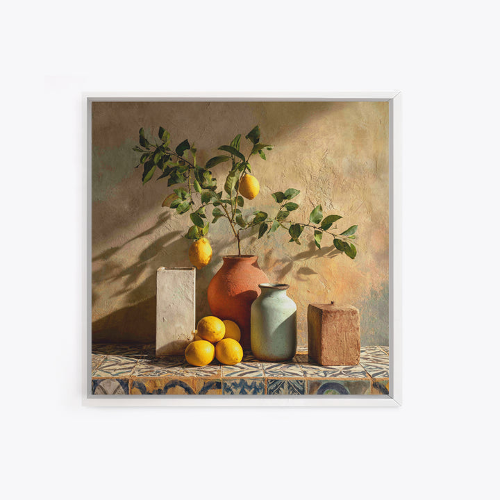 Mediterranean Lemon Branch Still Life Framed Canvas Print, Wall Art, Prints Wall Art, Living Room Decor, Oil Painting, WAL-1x1-46