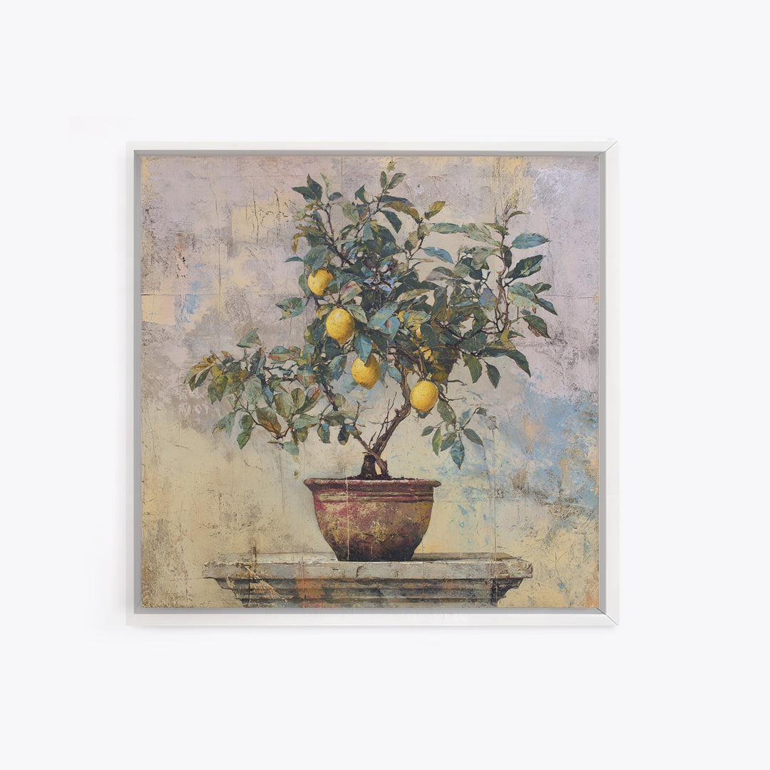 Mediterranean Lemon Branch Still Life Framed Canvas Print, Wall Art, Prints Wall Art, Living Room Decor, Oil Painting, WAL-1x1-70