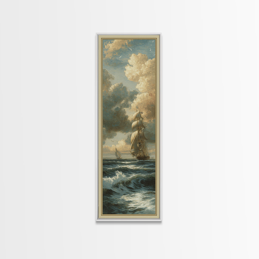 Classic Seascape with Dramatic Clouds Framed Canvas Print, Wall Art, Mid Century Modern, Living Room Decor, Abstract Art, WAL-1x3-15