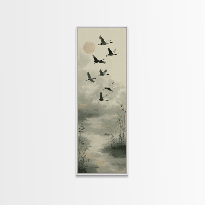 Monochrome Ink Crane Composition Canvas Print, Wall Art, Mid Century Modern, Living Room Decor, Abstract Art, WAL-1x3-60