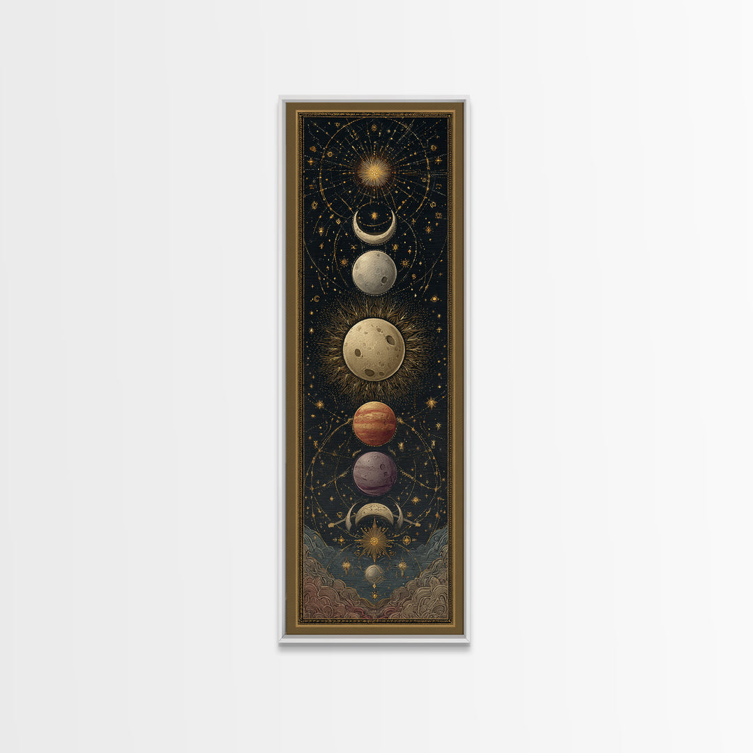 Celestial Moon and Stars Artwork Framed Canvas Print, Wall Art, Fine Art Print, Living Room Decor, Fine Art, WAL-1x3-74