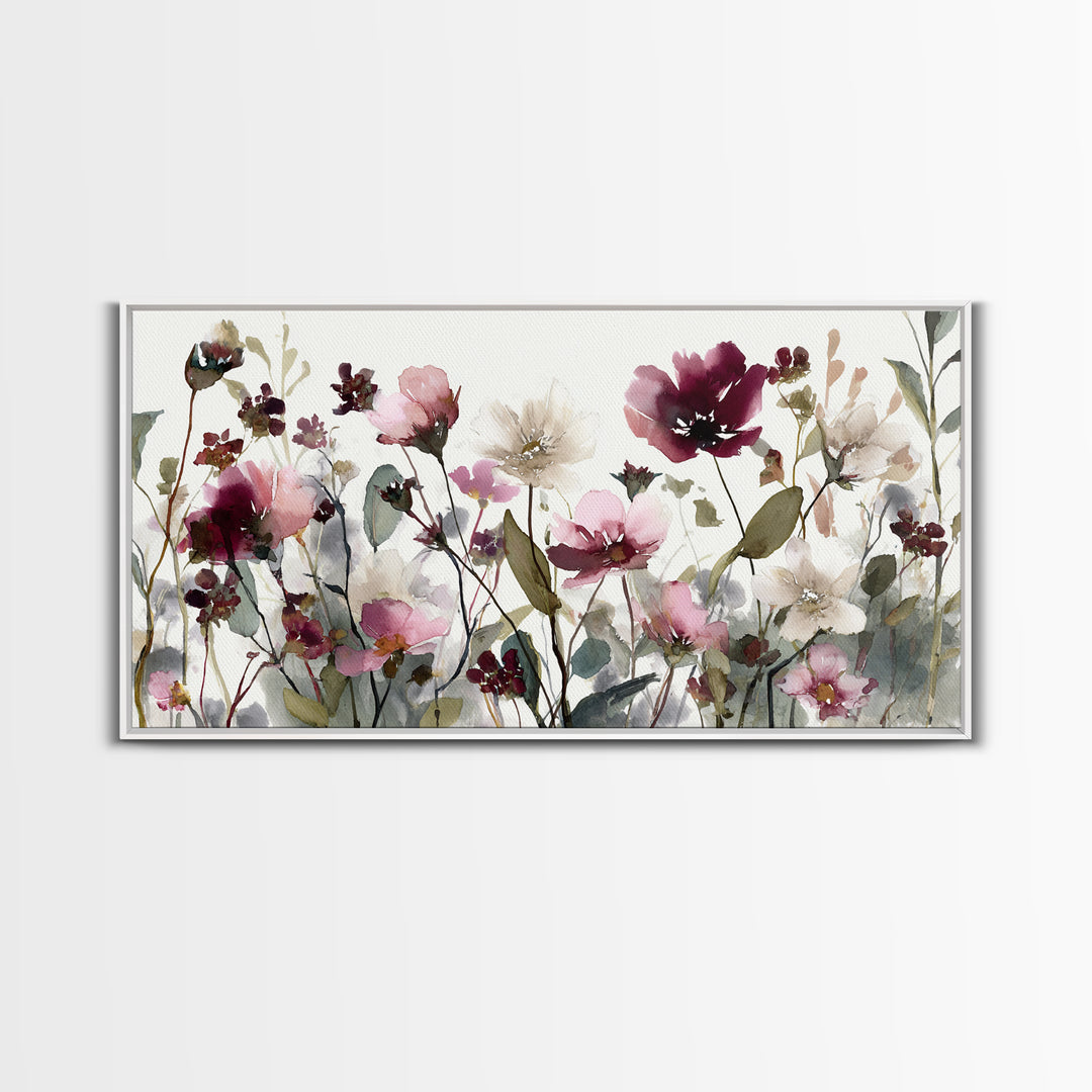 Impressionist Meadow of Wildflowers Framed Canvas Print, Wall Art, Painting, Living Room Decor, Watercolor Art, WAL-2x1-13