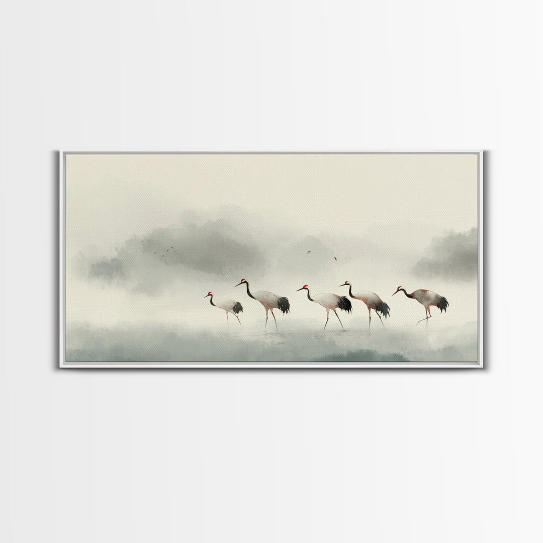 Monochrome Ink Crane Composition Framed Canvas Print, Wall Art, Statement Artwork, Living Room Decor, Fine Art, WAL-2x1-20