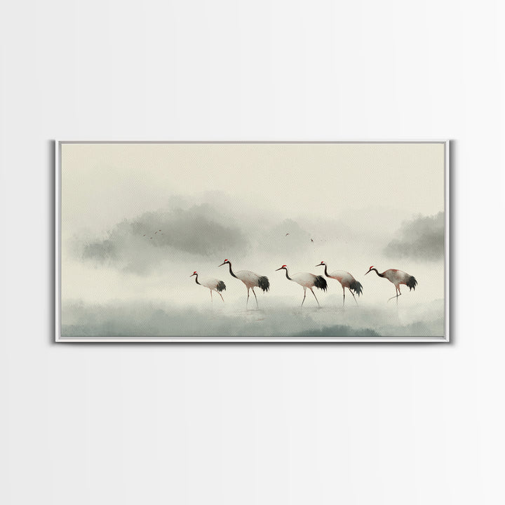 Monochrome Ink Crane Composition Framed Canvas Print, Wall Art, Statement Artwork, Living Room Decor, Fine Art, WAL-2x1-20