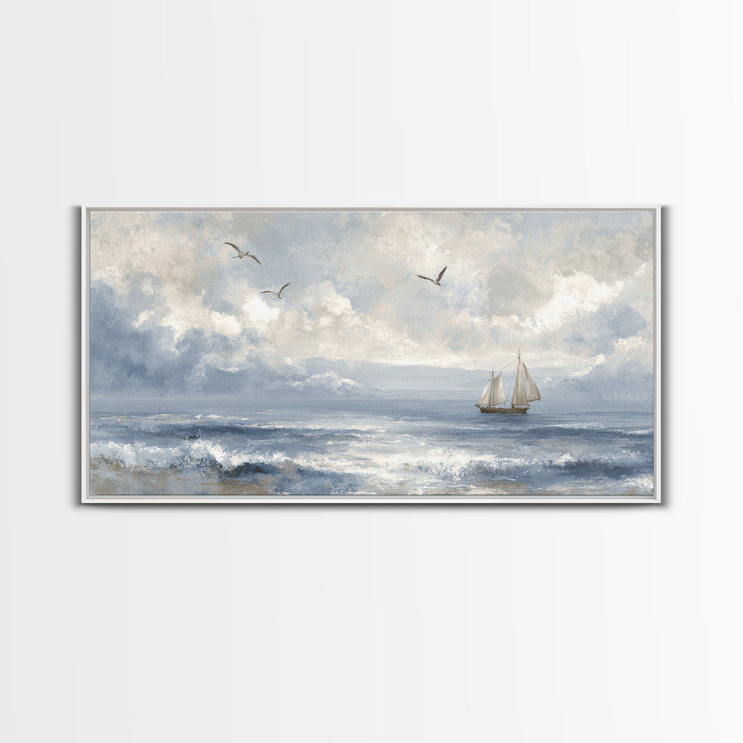 Classic Seascape with Dramatic Clouds Framed Canvas Print, Wall Art, Wall Hangings, Living Room Decor, Watercolor Art, WAL-2x1-23