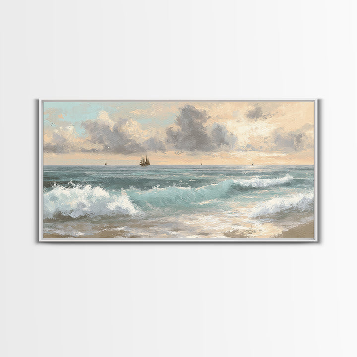 Classic Seascape with Dramatic Clouds Canvas Print, Wall Art, Wood Wall Art, Living Room Decor, Abstract Art, WAL-2x1-71