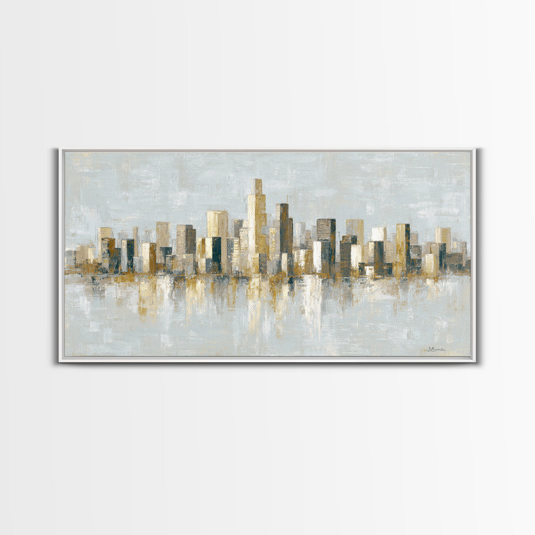 Urban Skyline in Muted Evening Color Framed Canvas Print, Wall Art, Art Print, Living Room Decor, Abstract Art, WAL-2x1-86