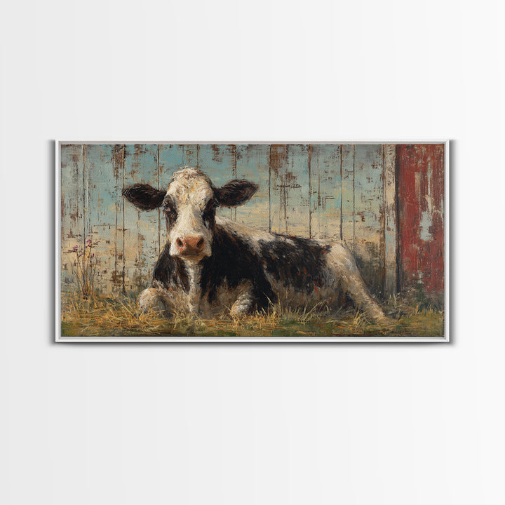 Rustic Farmhouse Cow Portrait Framed Canvas Print, Wall Art, Textured Wall Art, Living Room Decor, Oil Painting, WAL-2x1-87