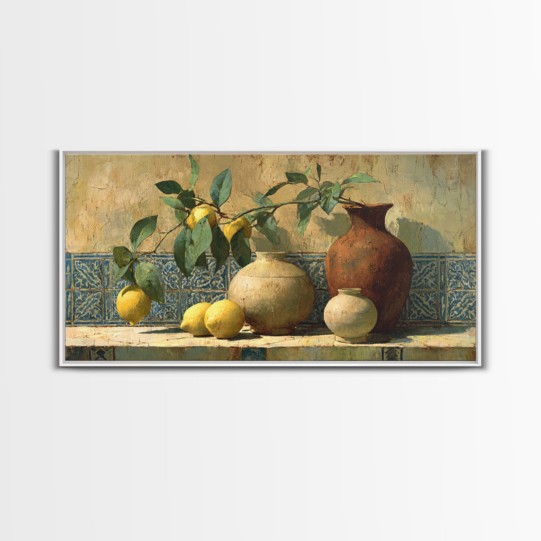 Mediterranean Lemon Branch Still Life Framed Canvas Print, Wall Art, Heart, Living Room Decor, Fine Art, Home Decor Gift, WAL-2x1-90